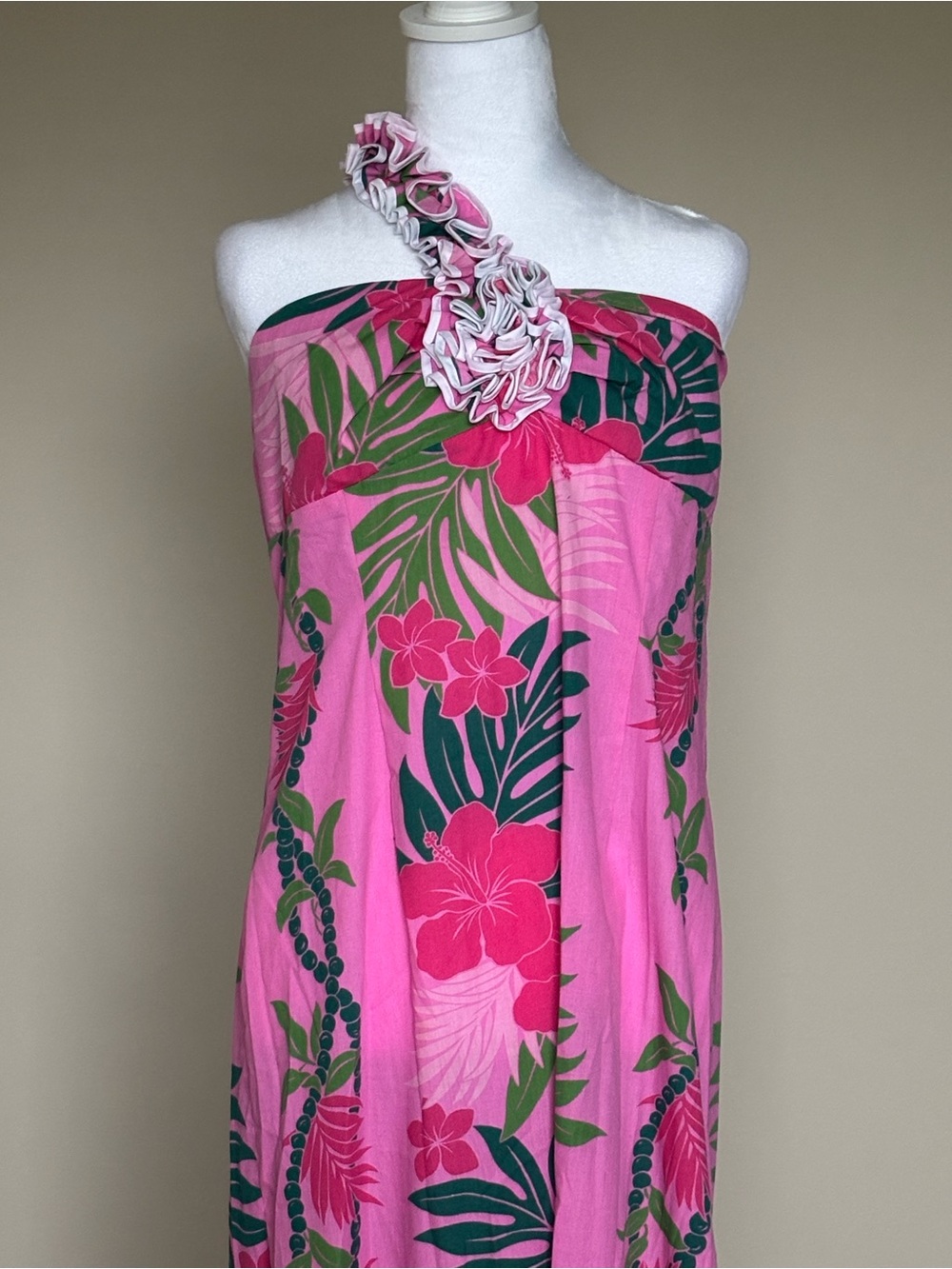 One-Shoulder Pink Tropical Maxi Dress with Floral Ruffle - Picture 1 of 4